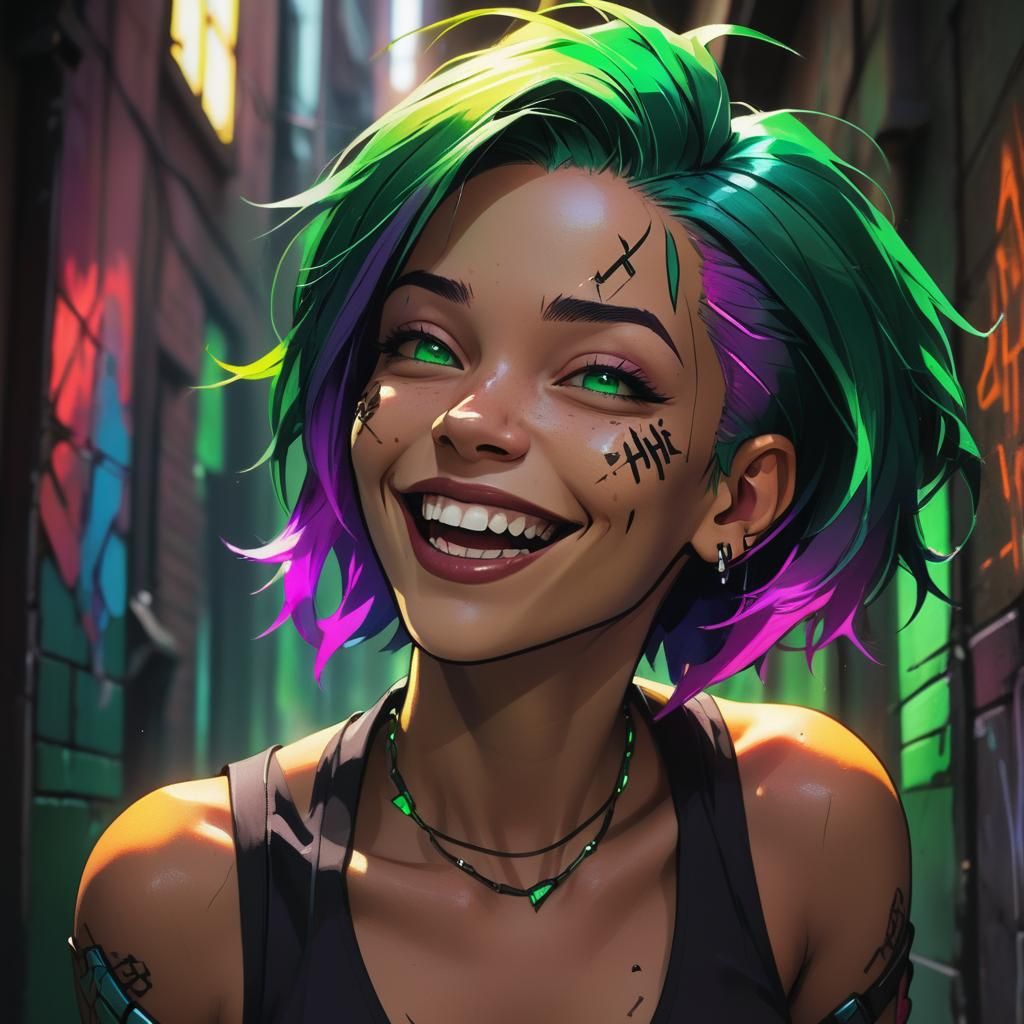 Jinx with Short Hair Laughing in Alleyway