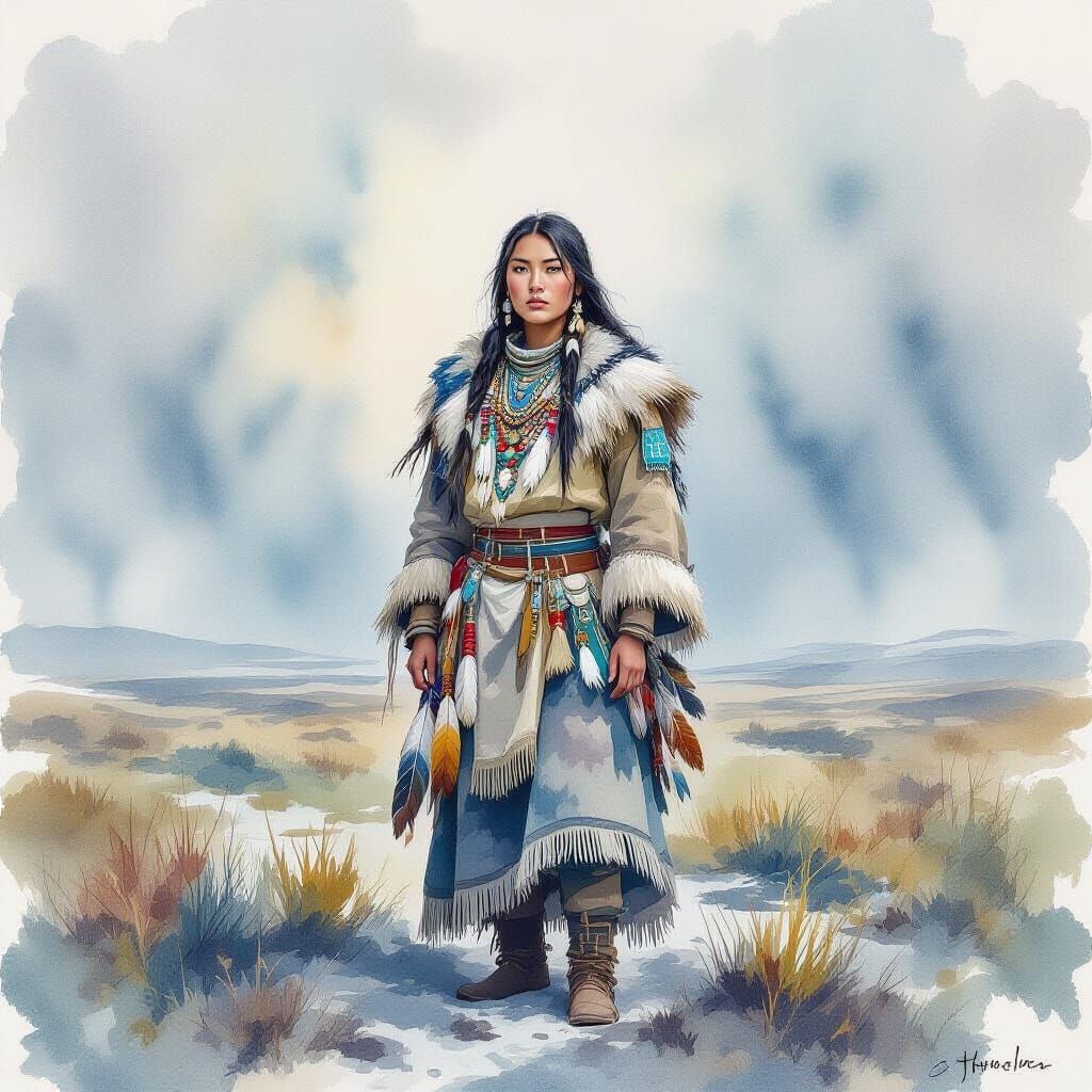 Inuit Woman on Tundra Watercolor Painting