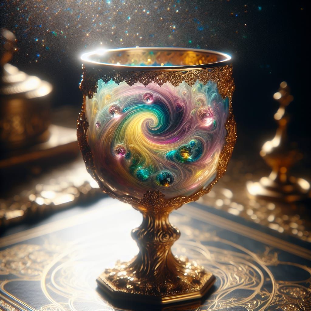 Intricately Crafted Gold Goblet with Cosmic Drink
