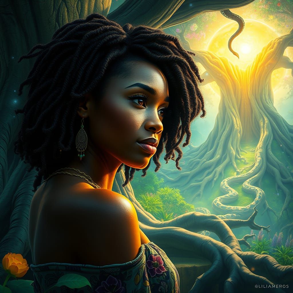 Fantasy Portrait of Woman Entering Bioluminescent World Tree