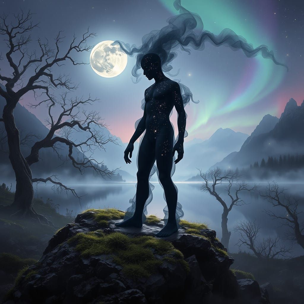 Surreal Figure Emerges from Twilight Landscape in Cyberpunk....