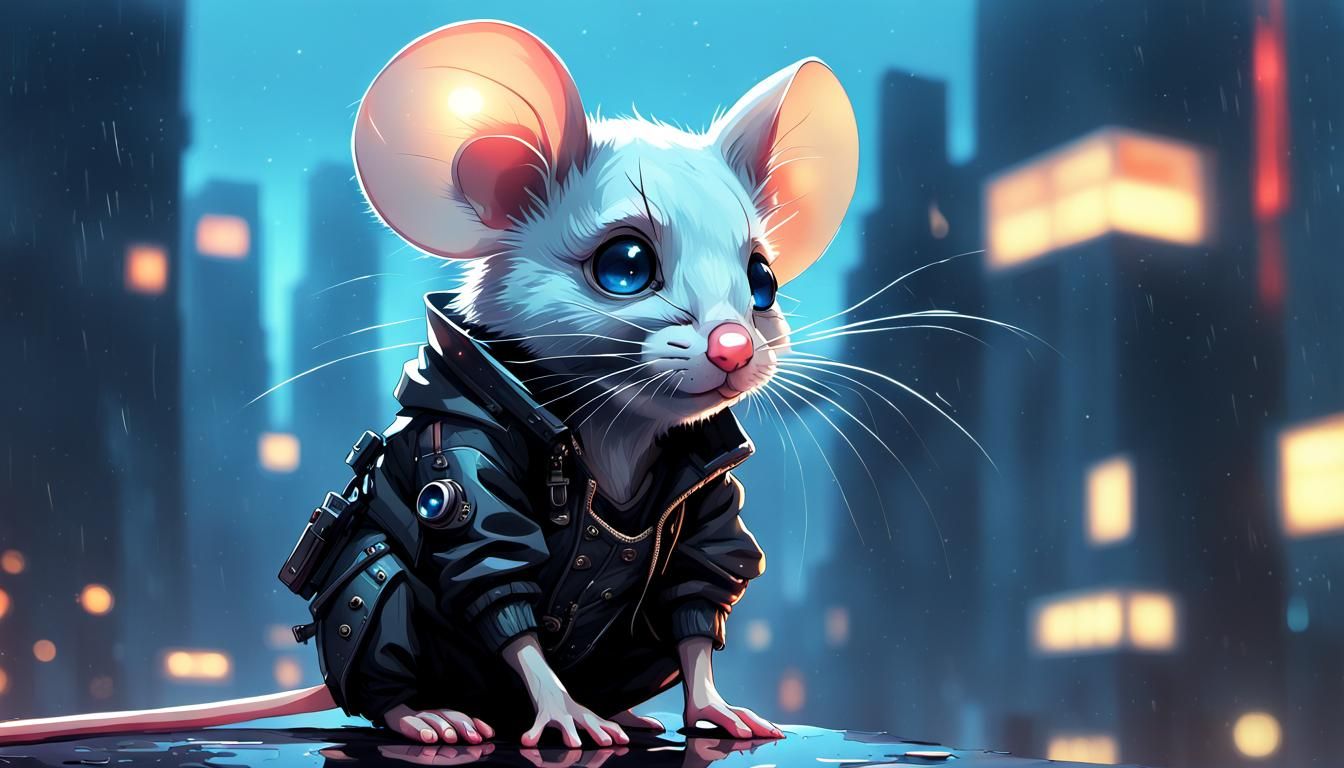 nighttime cityscape, cute cyberpunk goth mouse in boots, waering mask, by Szabist :: soft lighting :: sharp focus :: by ...