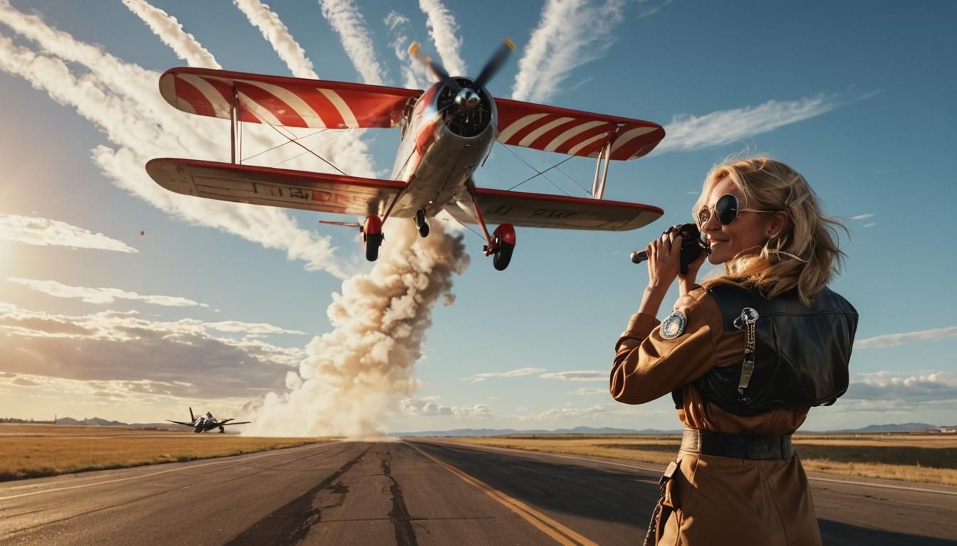 Glamorous Pilot with Vintage Aircraft in Golden Light