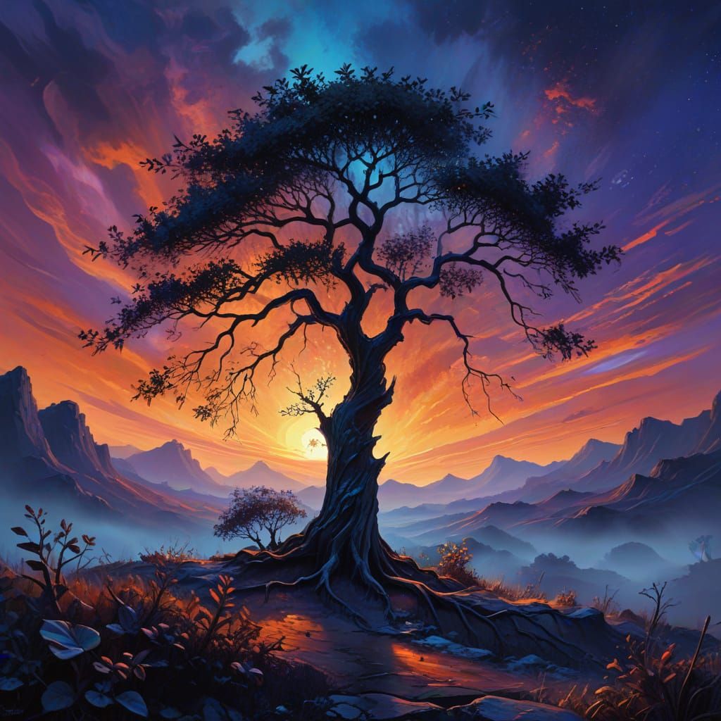 Twilight Tree: A Digital Painting in Impasto Style