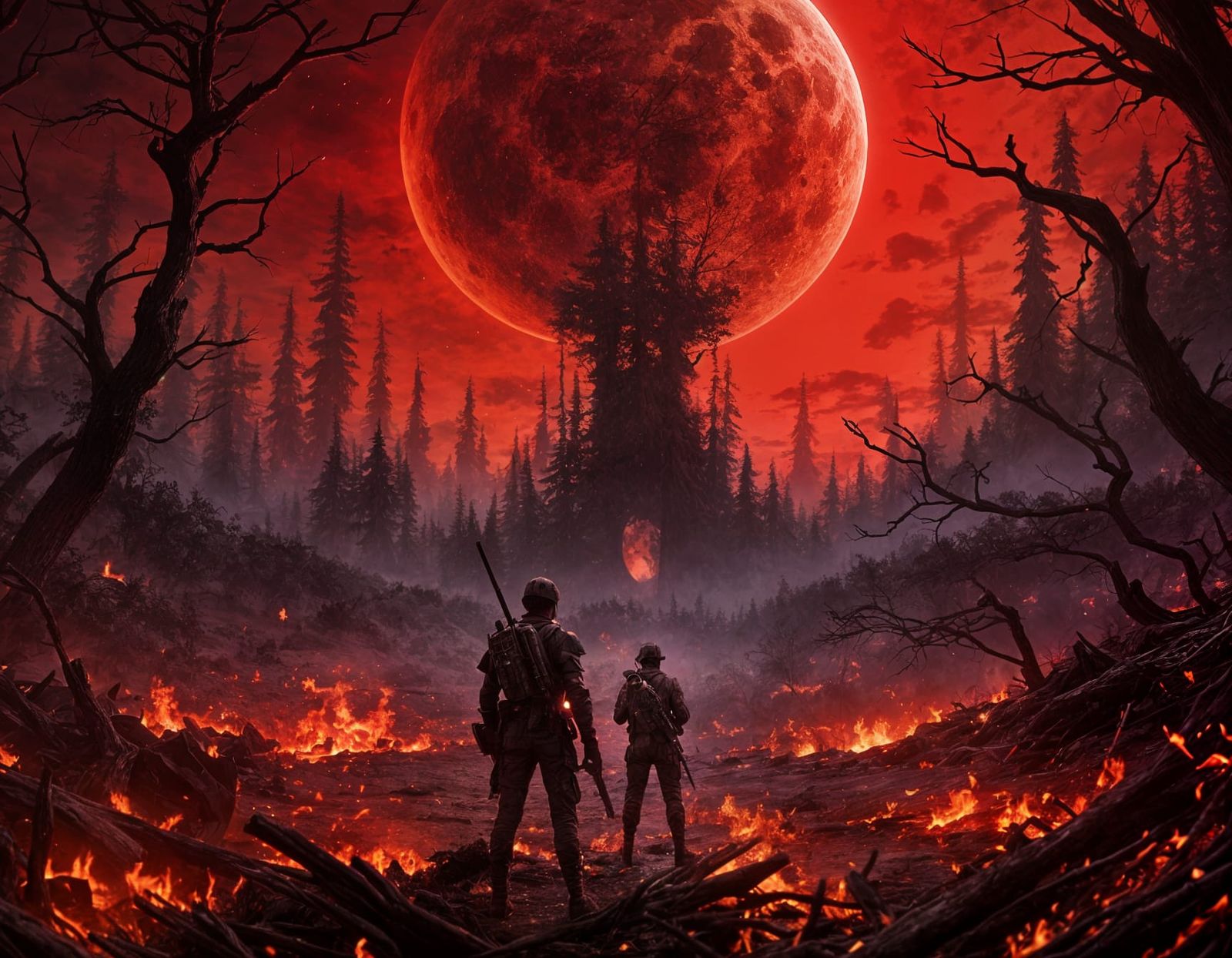 Soldier Silhouetted Before a Giant Blood Moon