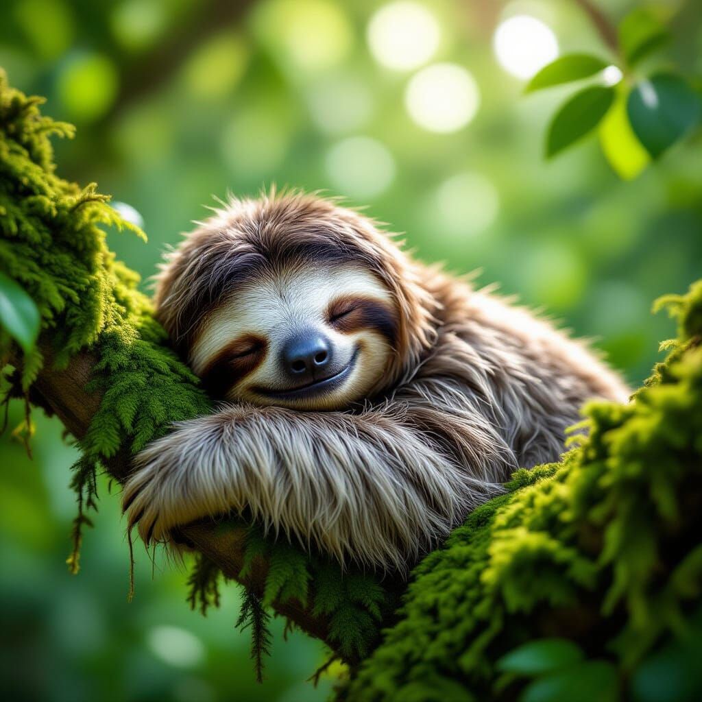 Photorealistic Sloth Sleeping in Mossy Tree