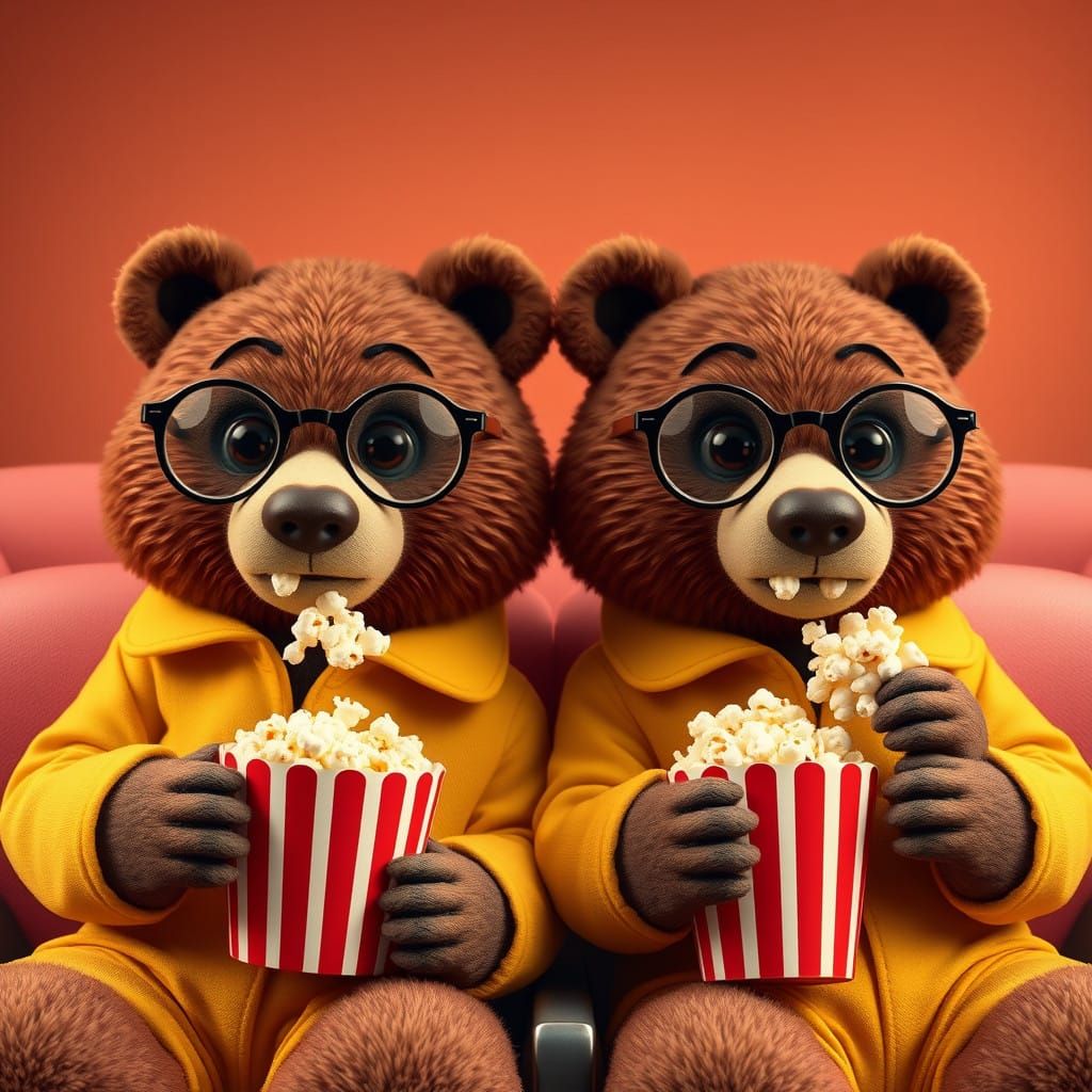 Two Adorable Anthropomorphic Bears Enjoy Popcorn in Vintage...