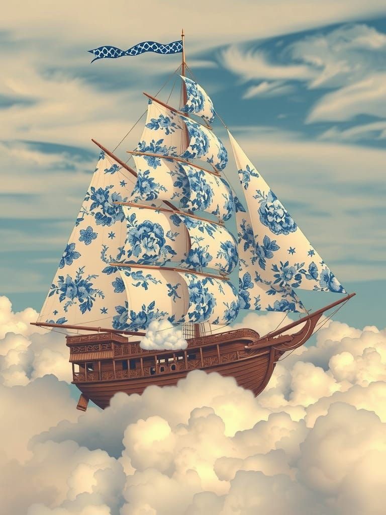 Majestic sailing ship with billowing blue-and-white chinoise...