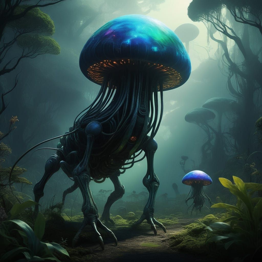 Whimsical Spore Creature in Vibrant Biomechanical Landscape