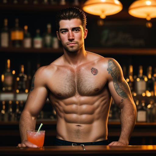 Handsome Shirtless Bartender serving cocktails in a classic bar