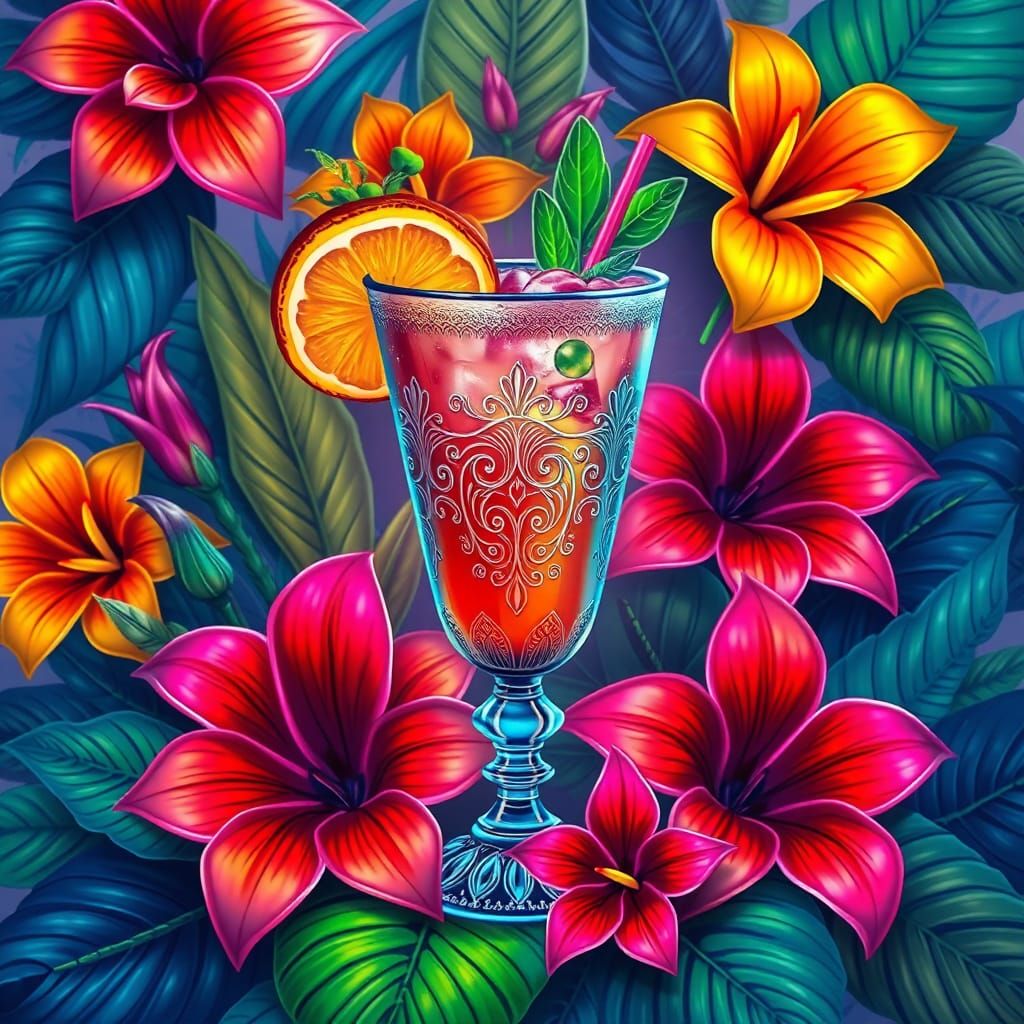 Vibrant Cocktail Surrounded by Tropical Flowers