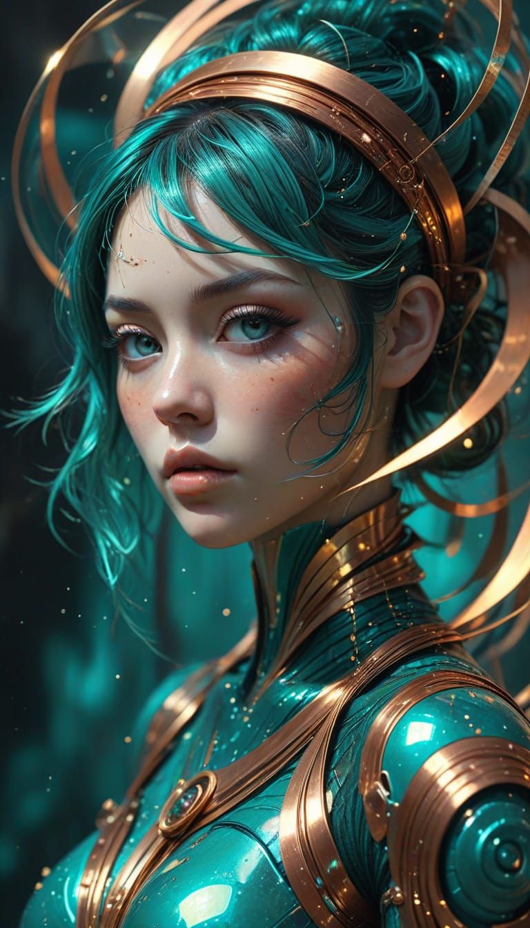 Abstract Metal Spiral Design in Teal, Gold, and Copper