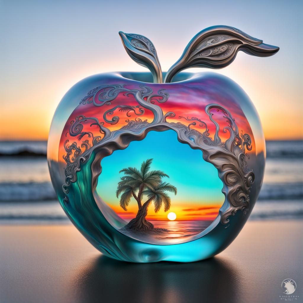 Crystal Apple with Sunset in Meticulous Brushwork Style