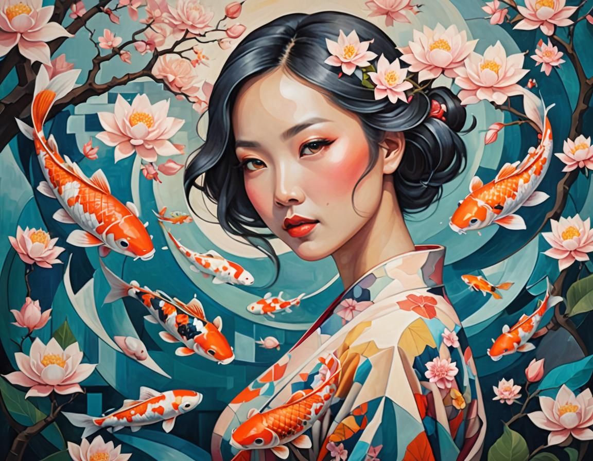 Surreal Cubist Dreamscape with Woman, Blossoms and Koi