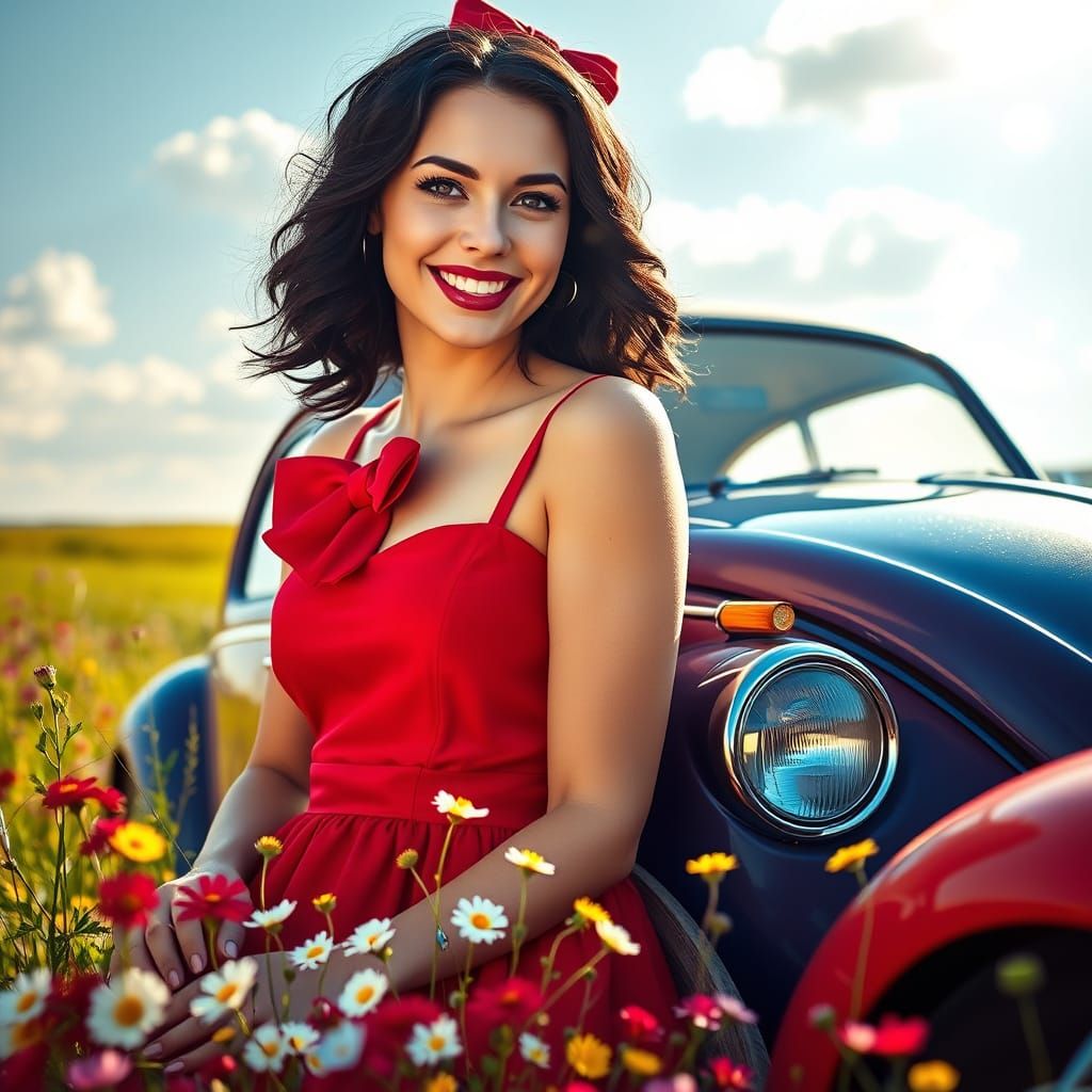 Snow White Portrait with Vintage Volkswagen Beetle