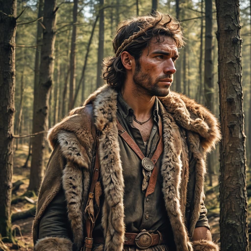 Stone Age Man Portrait: Realistic Forest Scene