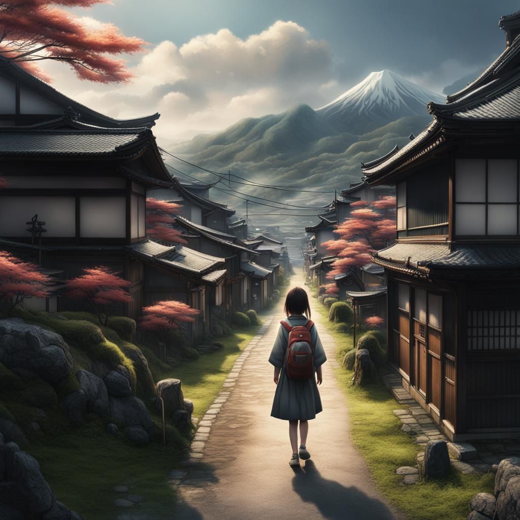 Japanese Village Girl and Yūrei in Digital Painting