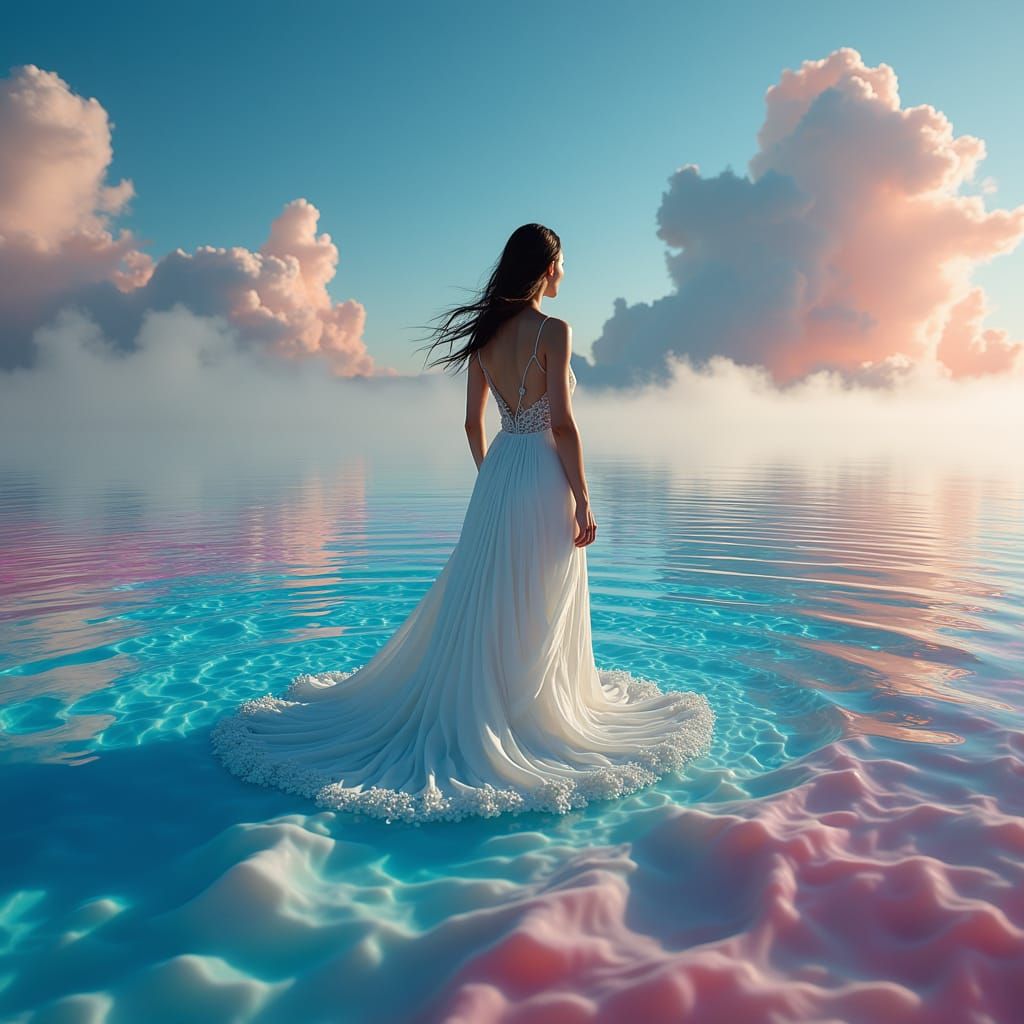 Woman Emerges from a Lake of Kaleidoscopic Fluid