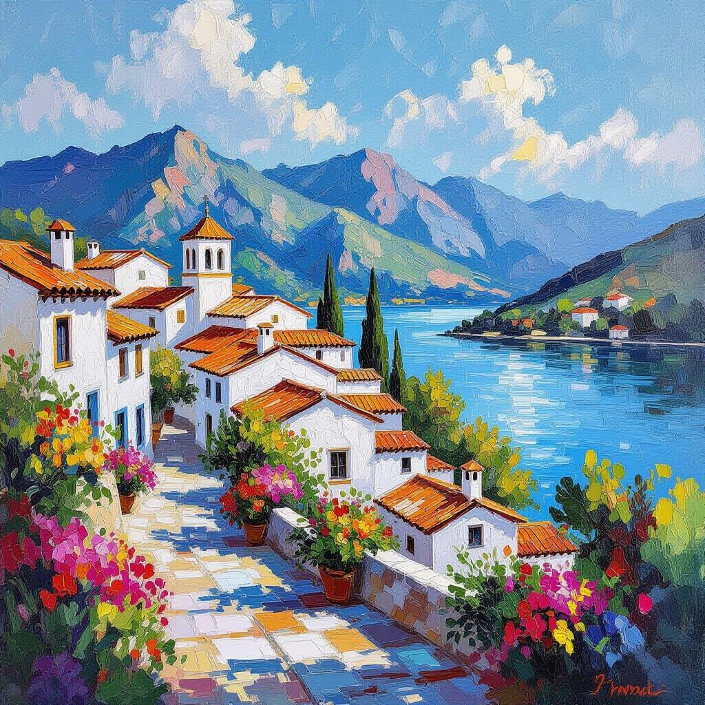 Andalusian Village with Lake, in Expressionist Style