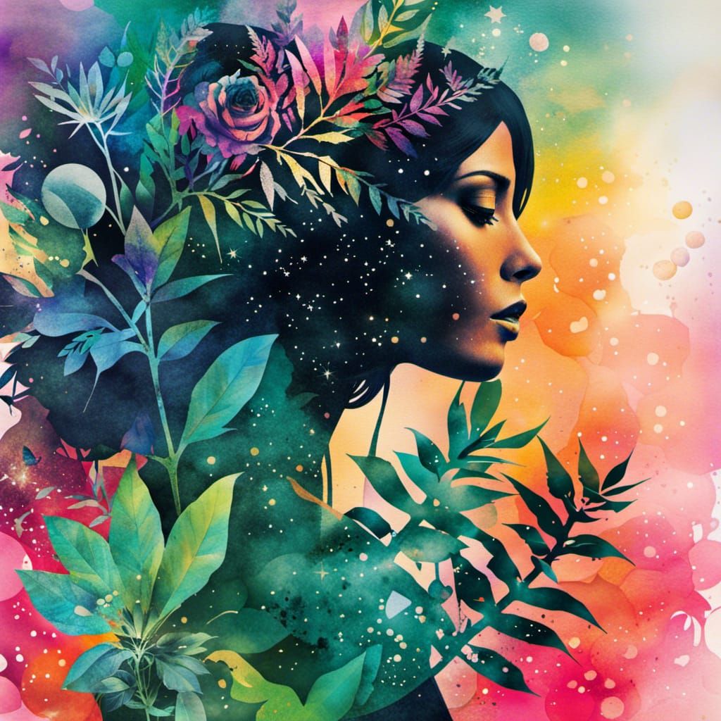 Spray Paint Collage: Woman, Plants, and Space