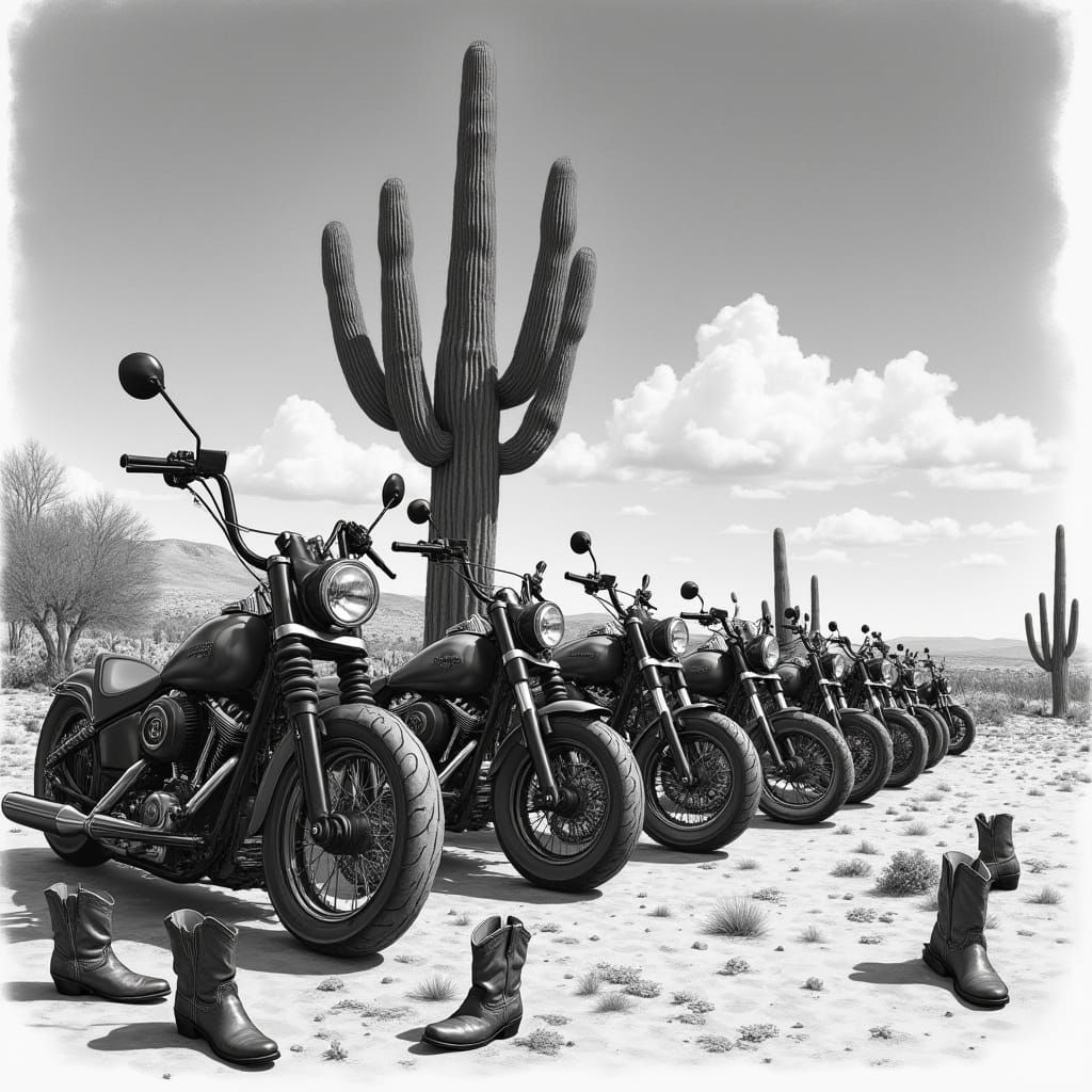 Dramatic Pencil Drawing of Motorcycles, Boots, and Cactus in...