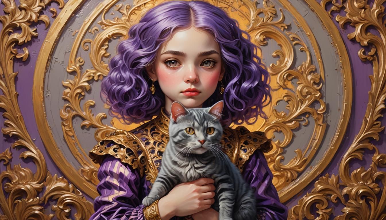 Girl with Purple Hair and Cat in Baroque Style