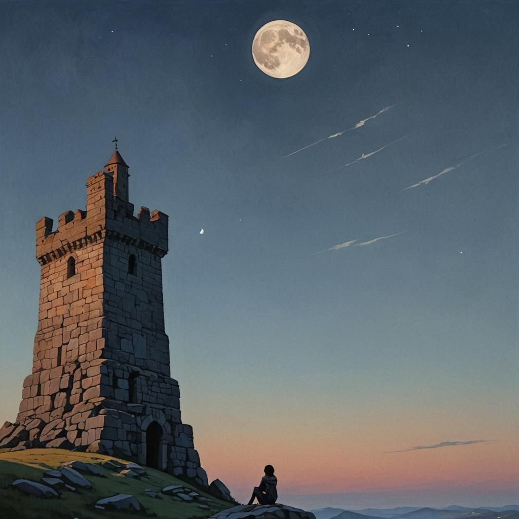Girl Sits Before Stone Tower Under Moonlight