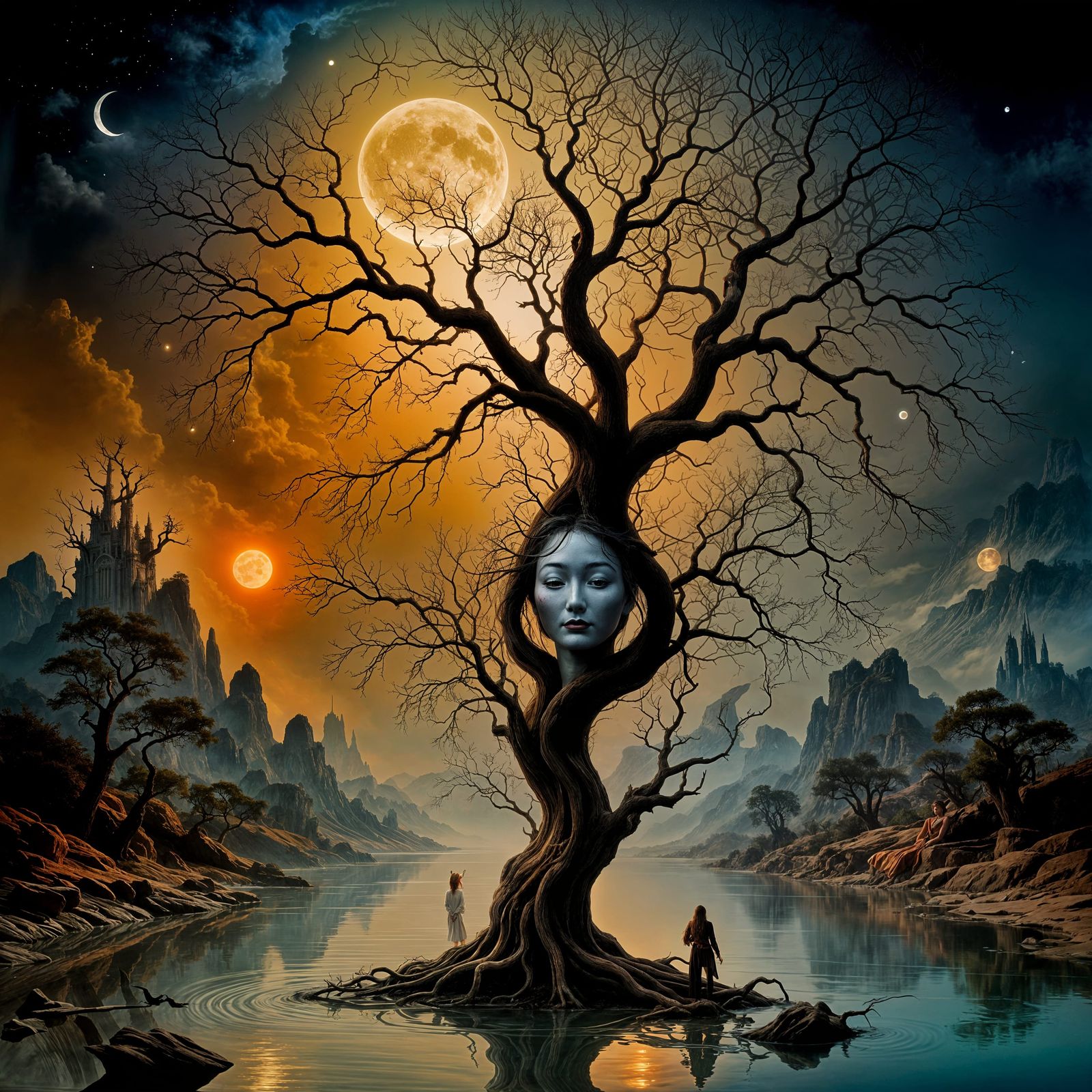 Surreal Biometric Fire Woman in Dream Landscape