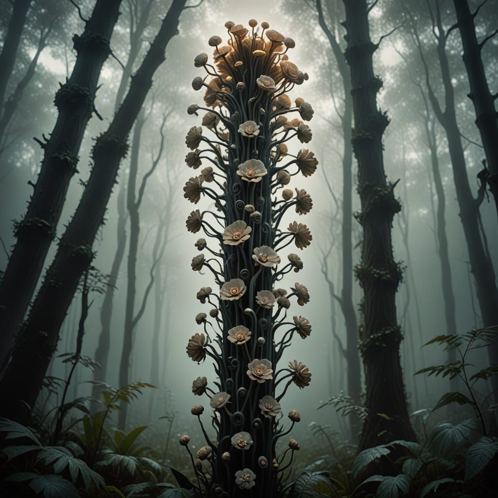 Surreal Bouquet in Dark Forest Landscape
