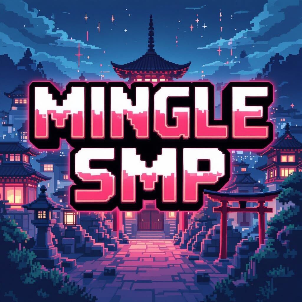 Mingle SMP Logo: Pixel Art Neon Japanese Cityscape