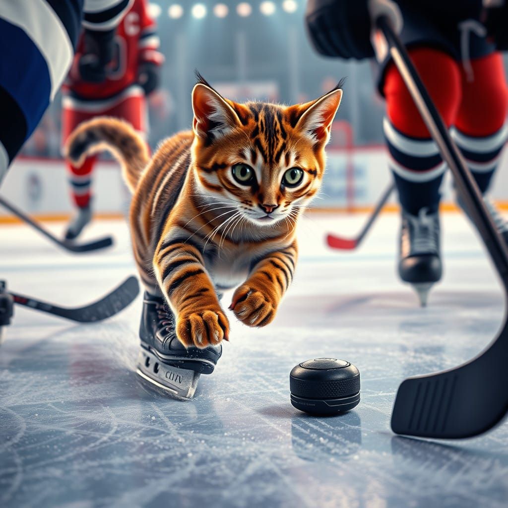 Bengal Cat Speeds Across Ice Rink in Miniature Hockey Skates