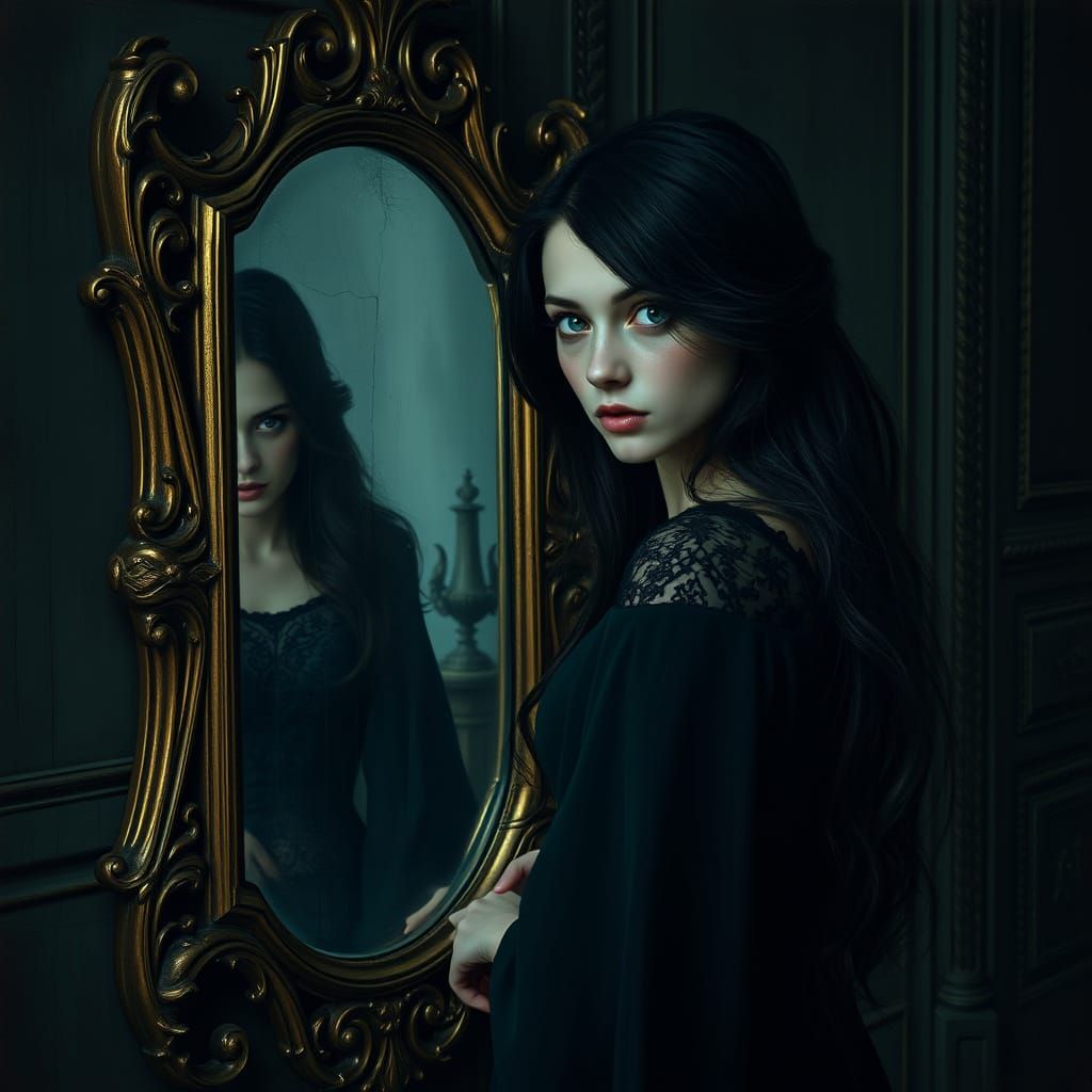 Mysterious Woman Contemplating in a Dimly Lit Chamber