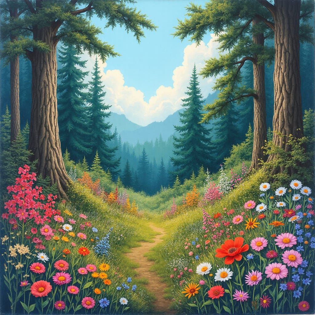 Songbird's Surreal View of Flower Garden