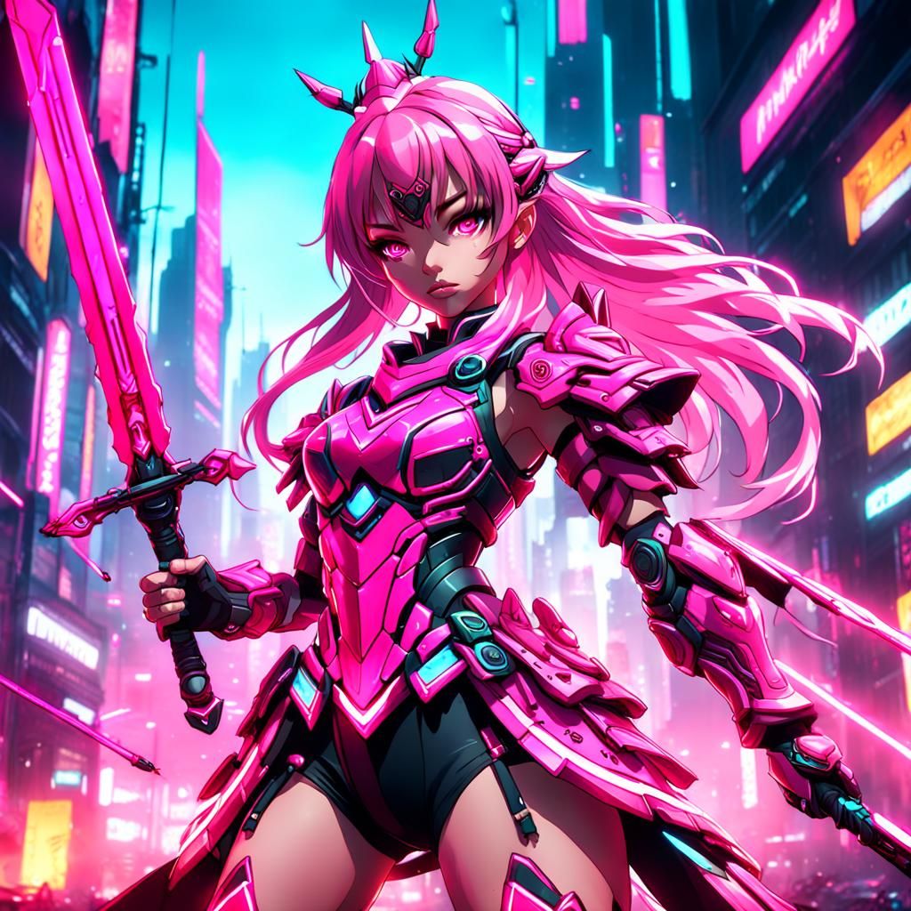 Anime Pink Neon Warrior Girl Concept Art