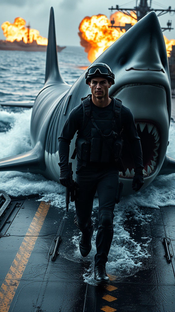 Ronaldo and Giant Shark on Aircraft Carrier