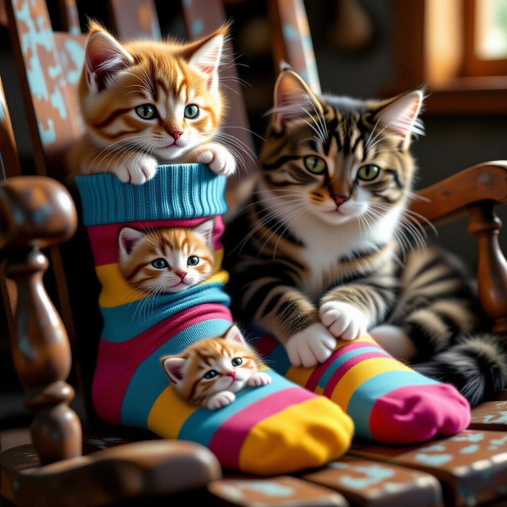 Kitten Socks Close-Up with Mother Cat in Unreal Engine 5 Sty...