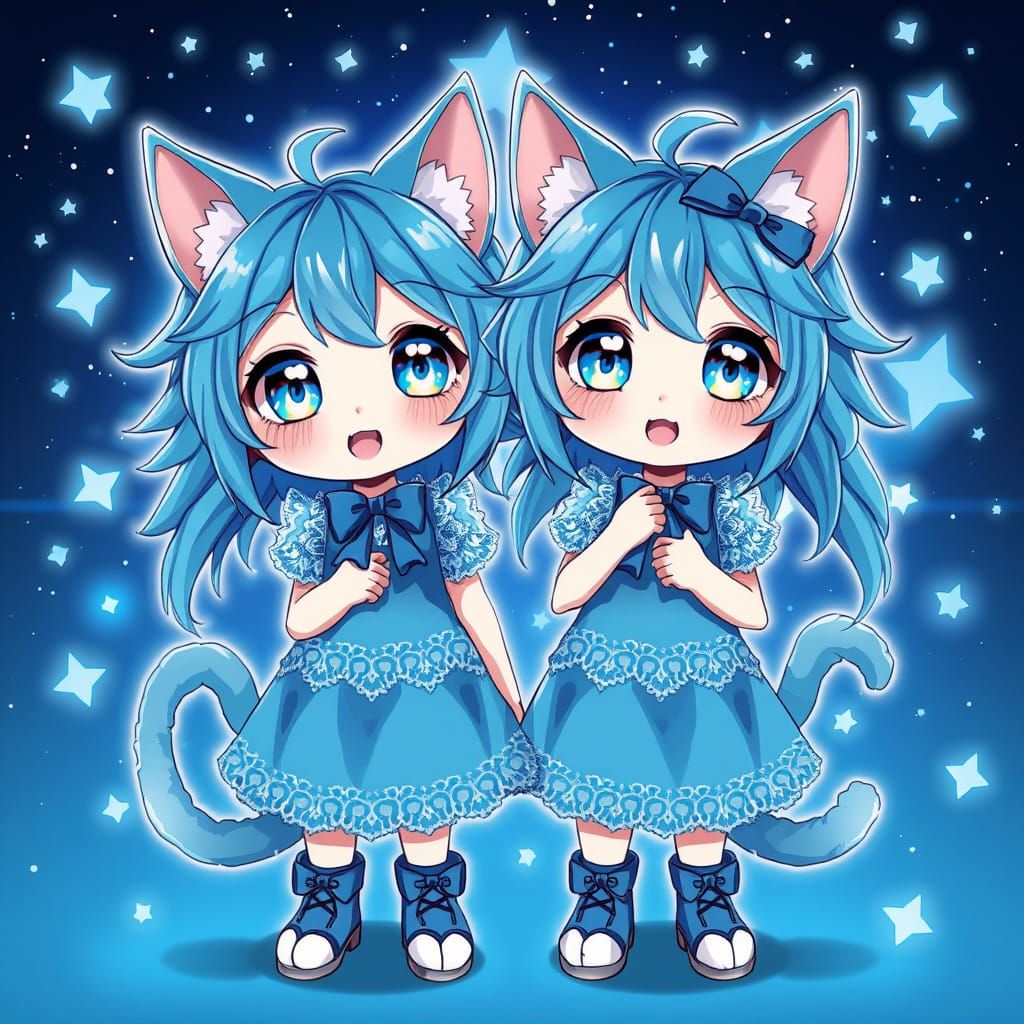 Majestic Twin Catgirls in Dreamy Blue Hues