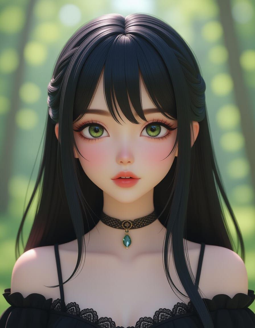 Goth Girl in Spring Forest, 3D Anime Concept Art
