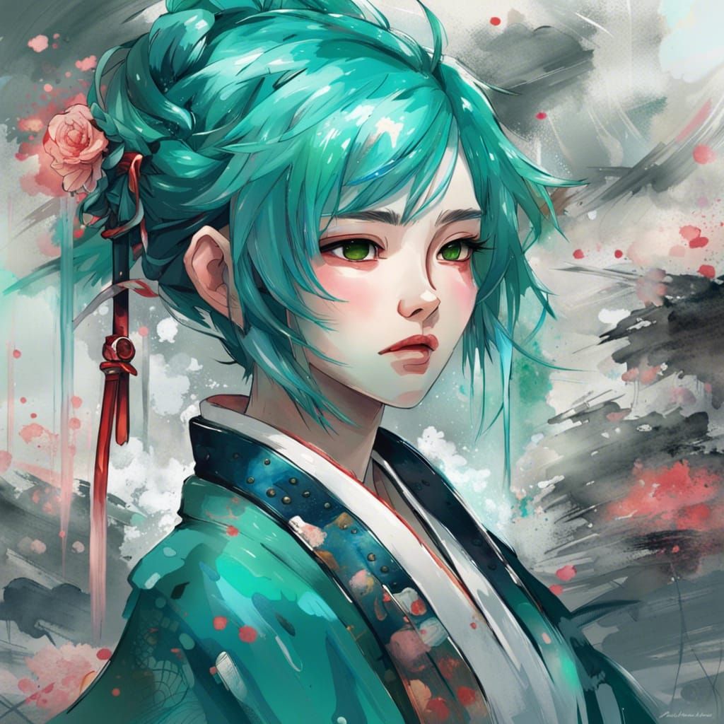 Anime Samurai Princess in Liquid Ink Portrait