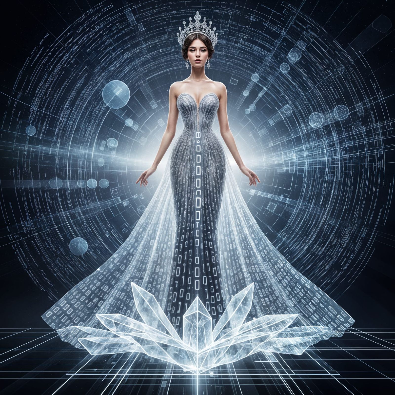 Ethereal Digital Painting of Woman in Binary Code Gown