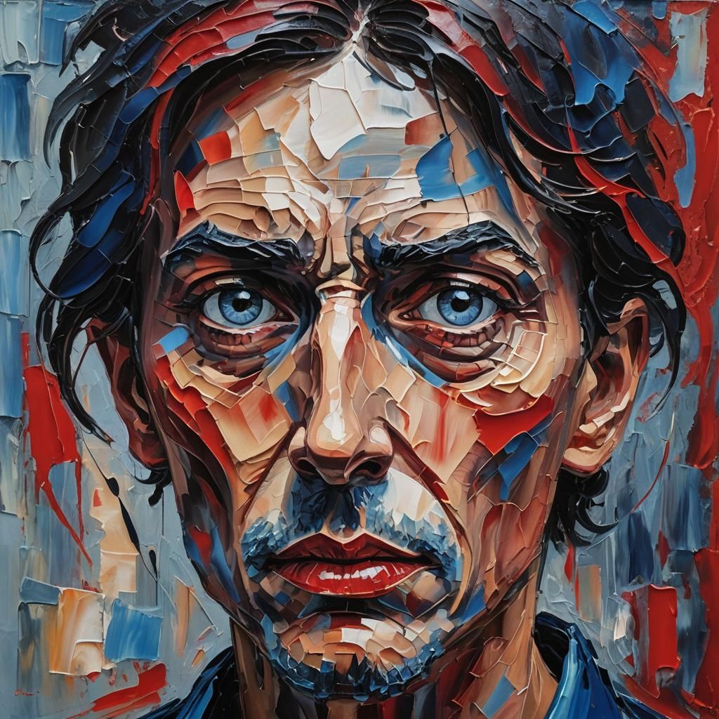 Style: Palette knife painting, with rough, textured strokes ...