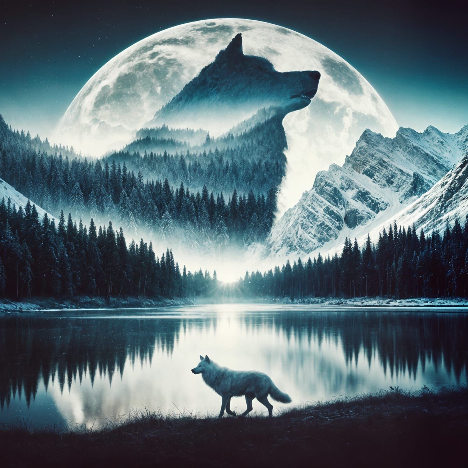 Wolf Under Moonlit Mountains