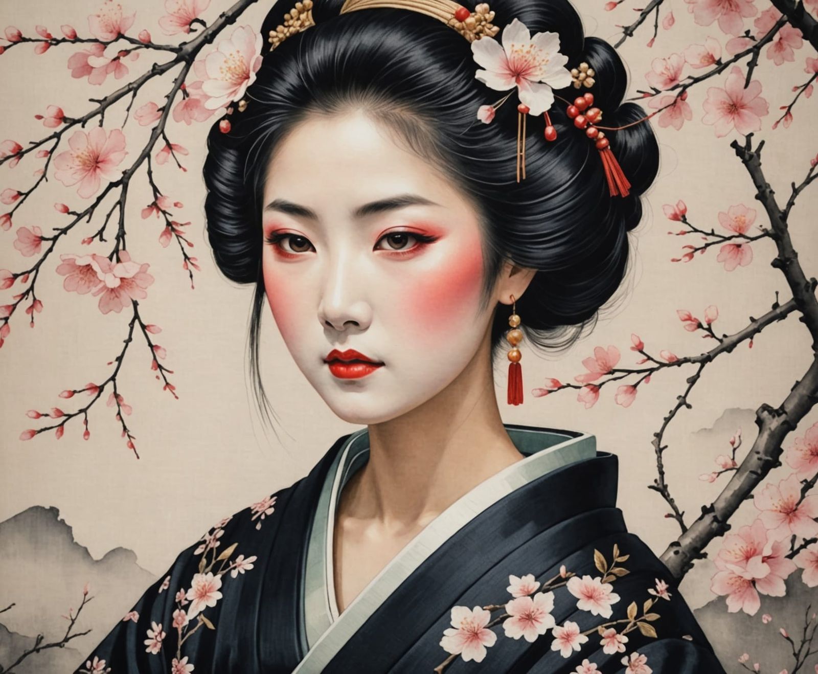 Geisha in Black Kimono: Ukiyo-e Portrait