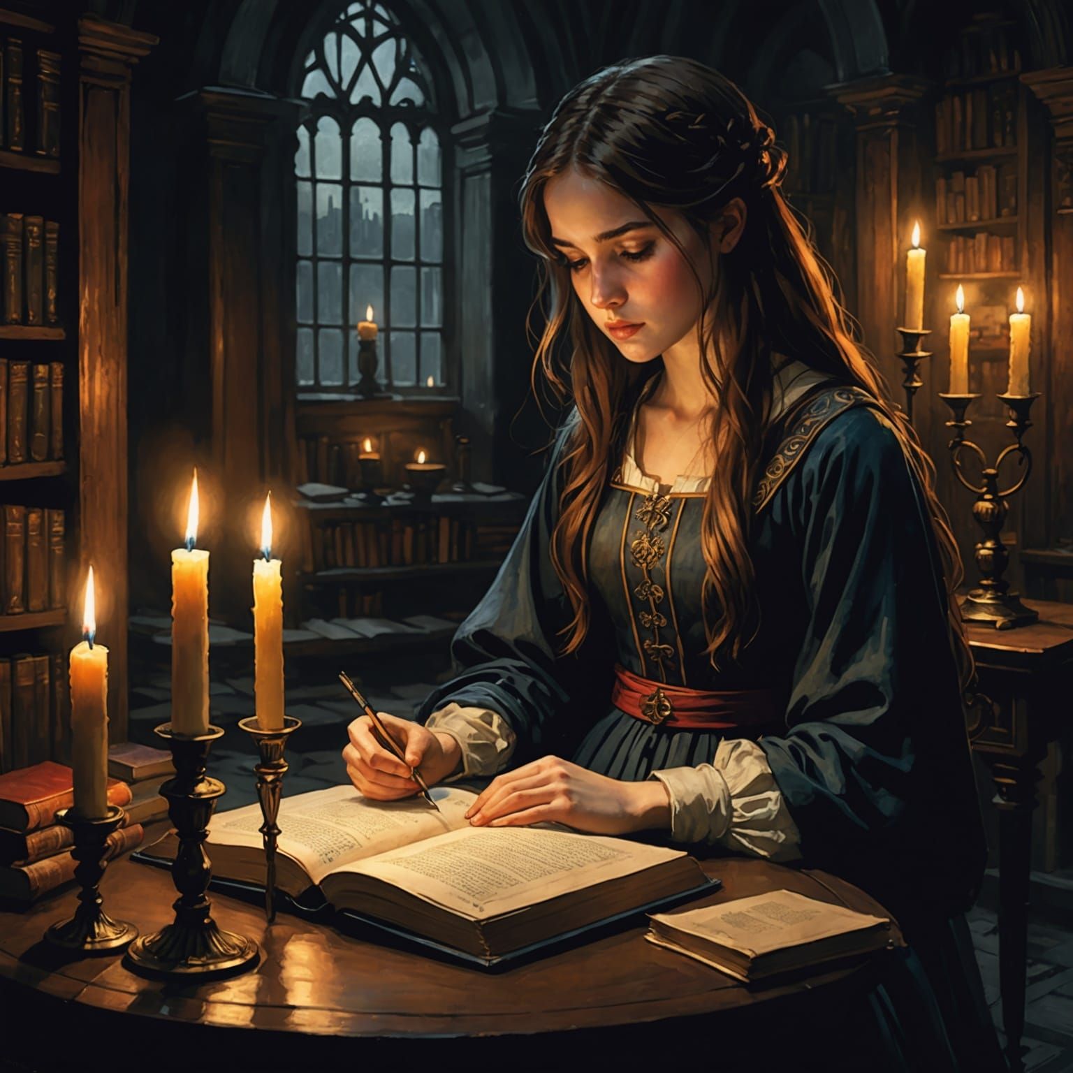 Girl Scholar Reading Book by Candlelight as Watercolor