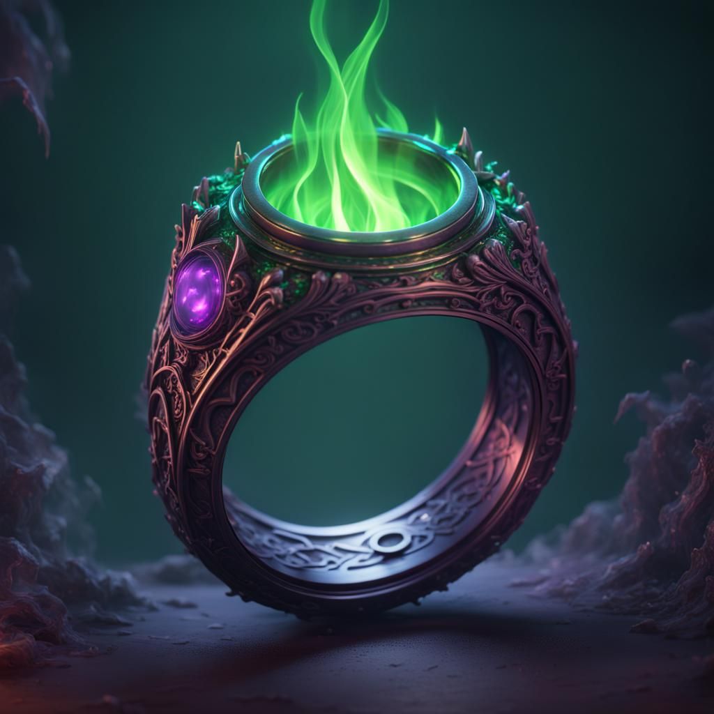 Green Fire Ring with Purple Flame in Detailed Painting
