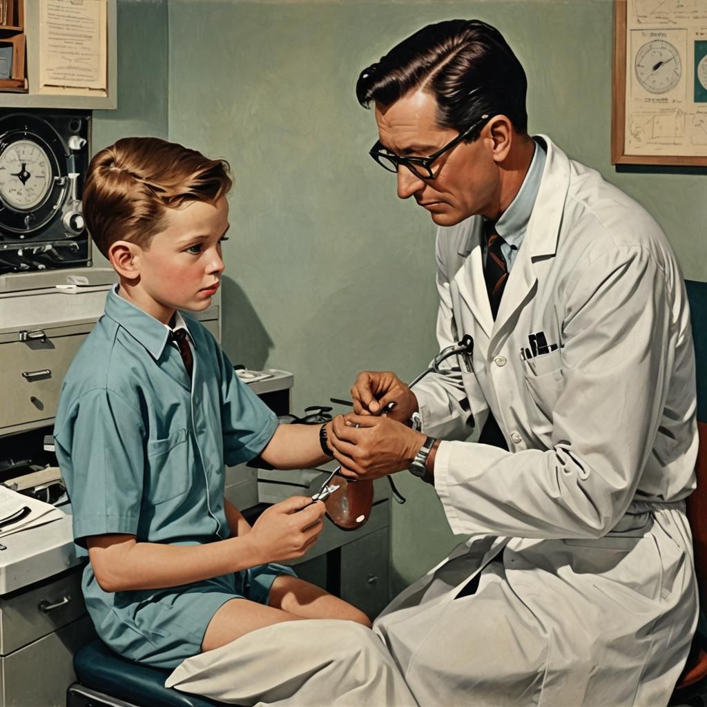 Doctor Examining Boy in 1950s Abstract Art