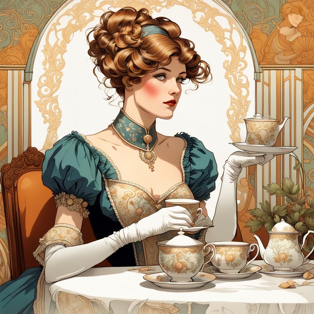 Elegant Lady Having Tea in Art Nouveau Style