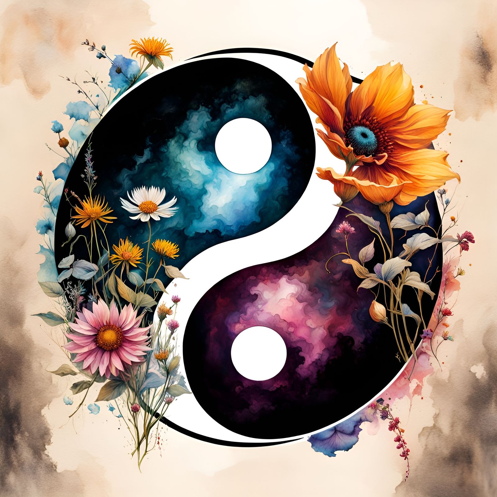 Yin Yang Wildflower Logo in Watercolor Style