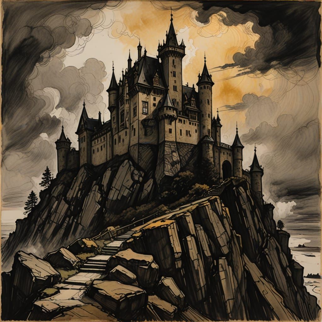 Majestic Castle in Stormy Skies with Golden Light
