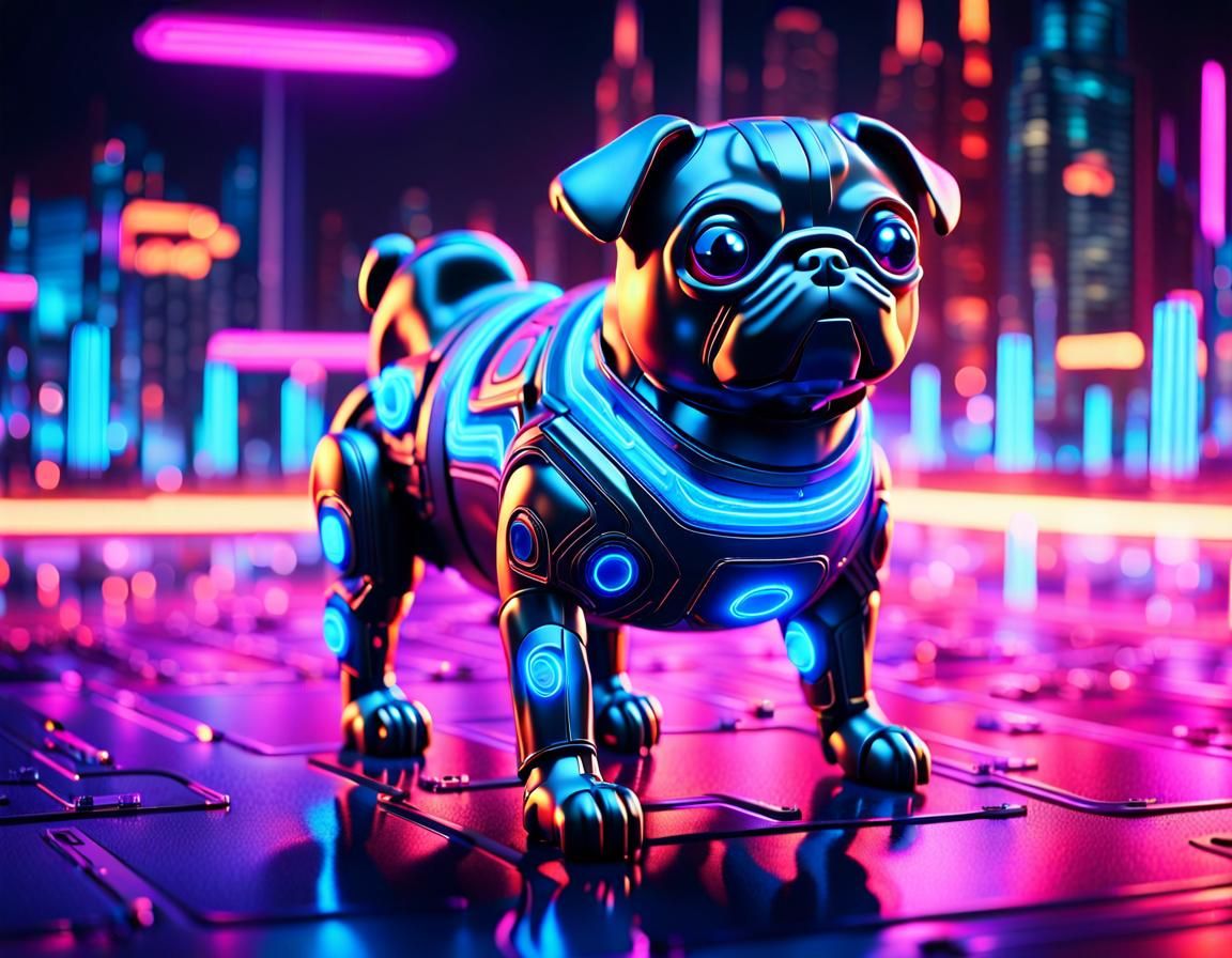 Futuristic Toy Pug in Neon-Lit Cityscape